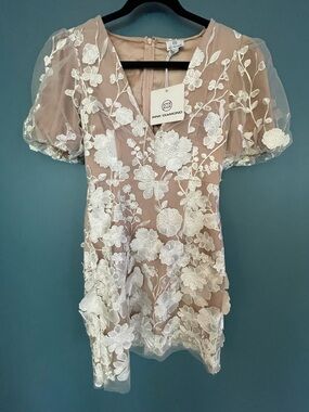 NWT Pink Diamond Nude 3D Floral Lace Overlay Mini Dress